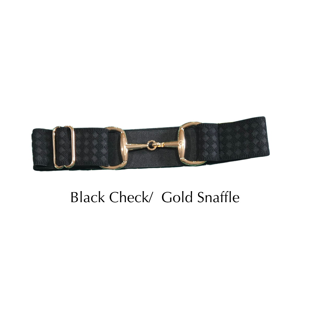 A black checkered equestrian-style belt with a gold-tone snaffle hardware closure, displayed on a clean white background with the text 'Black Check/ Gold Snaffle' underneath.