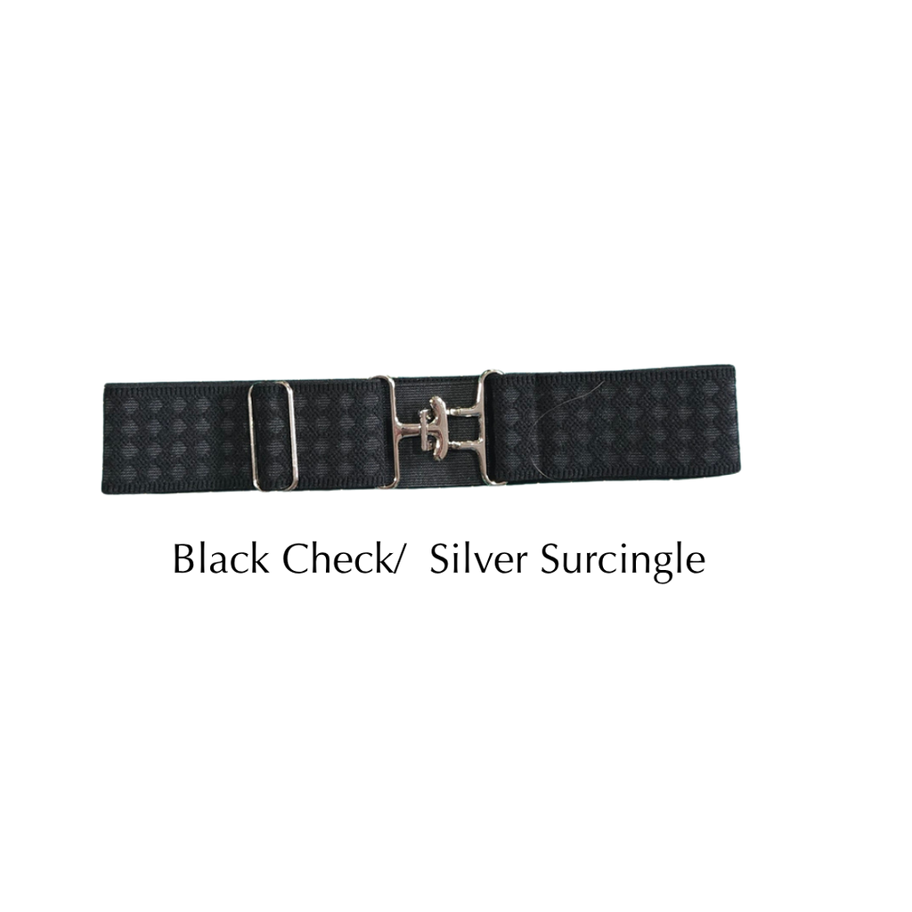 A black checkered surcingle belt with a silver-tone metal buckle, displayed on a plain white background with the text 'Black Check/ Silver Surcingle' underneath.