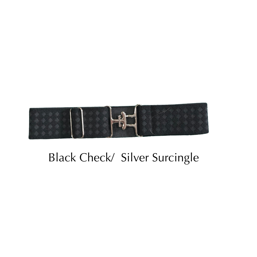 A black checkered surcingle belt with a silver-tone metal buckle, displayed on a plain white background with the text 'Black Check/ Silver Surcingle' underneath.