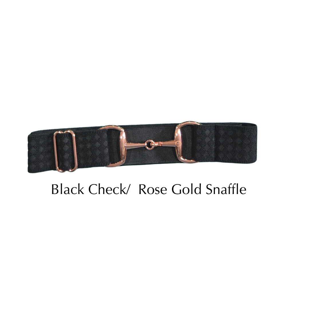 A black checkered equestrian snaffle belt with a rose gold metal snaffle and matching rose gold buckle, shown against a plain white background with the text 'Black Check/ Rose Gold Snaffle' below.