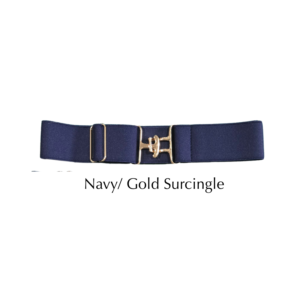 A navy blue surcingle belt with a gold-tone buckle, displayed horizontally on a white background with the text 'Navy/ Gold Surcingle' underneath.