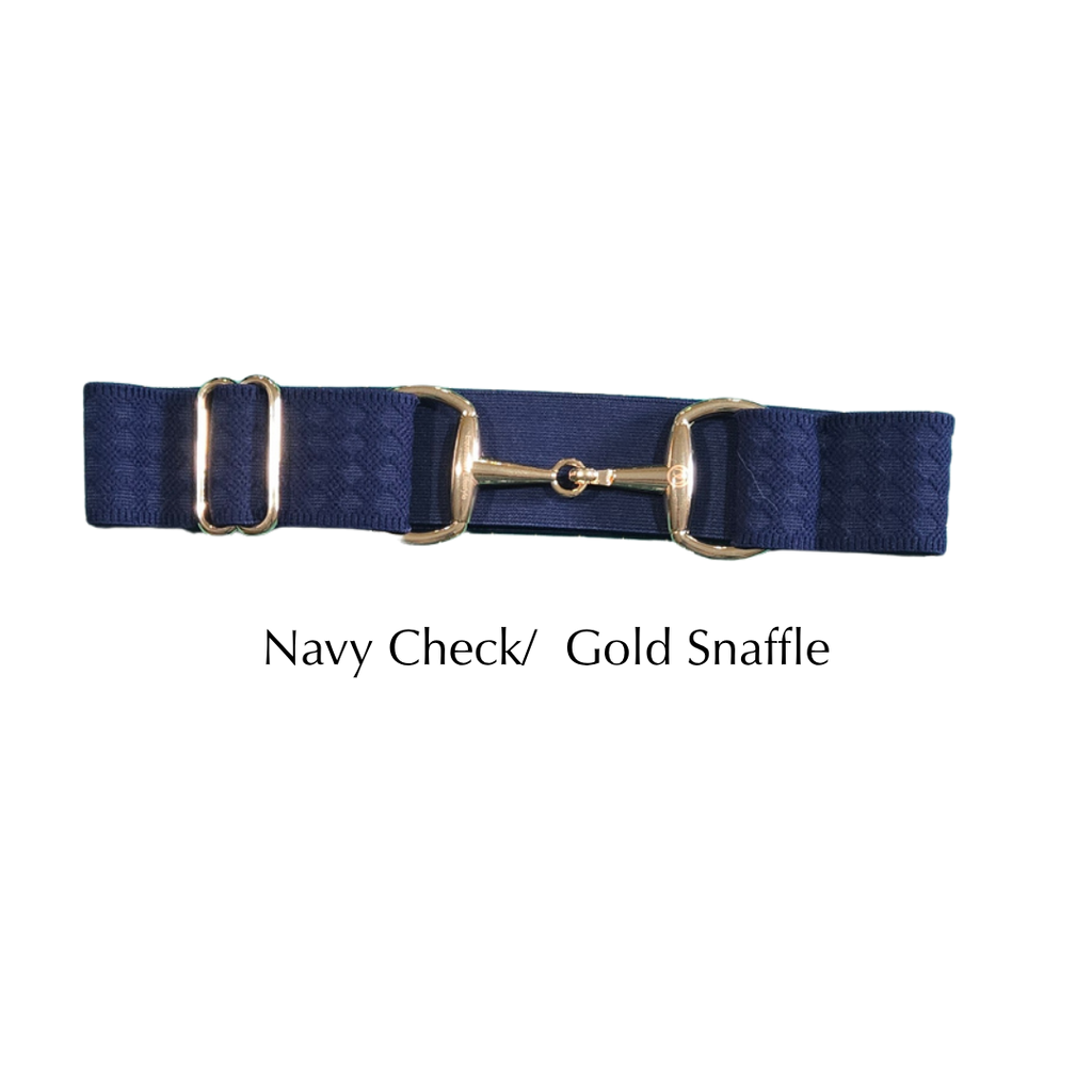 A navy blue checkered equestrian snaffle belt with a gold-tone metal snaffle and D-rings, shown against a plain white background with the text 'Navy Check/ Gold Snaffle' below it.