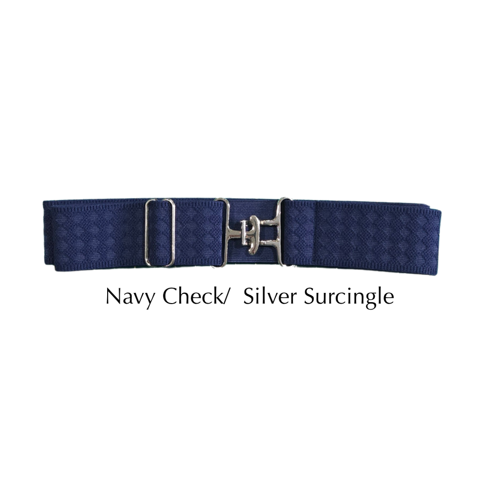 A navy blue woven belt with a silver metal buckle and silver surcingle loops, shown against a plain white background with the text 'Navy Check/ Silver Surcingle' below it.