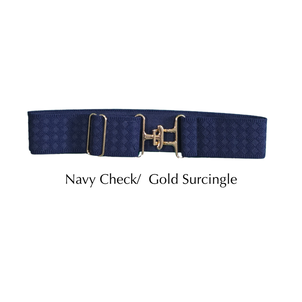 A navy blue checkered surcingle belt with a gold-tone H-shaped buckle, displayed on a white background with the text 'Navy Check/ Gold Surcingle' underneath.