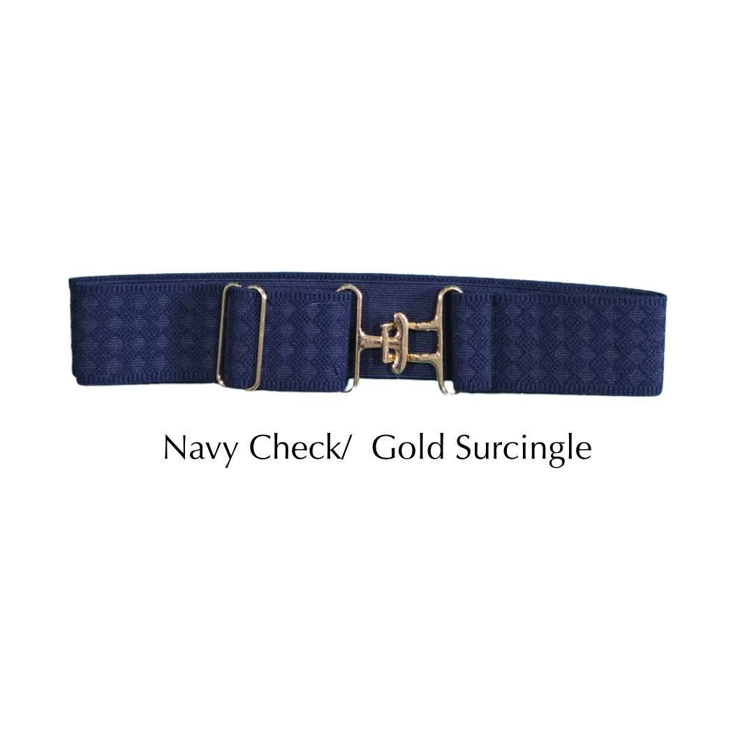 A navy blue checkered surcingle belt with a gold-tone H-shaped buckle, displayed on a white background with the text 'Navy Check/ Gold Surcingle' underneath.
