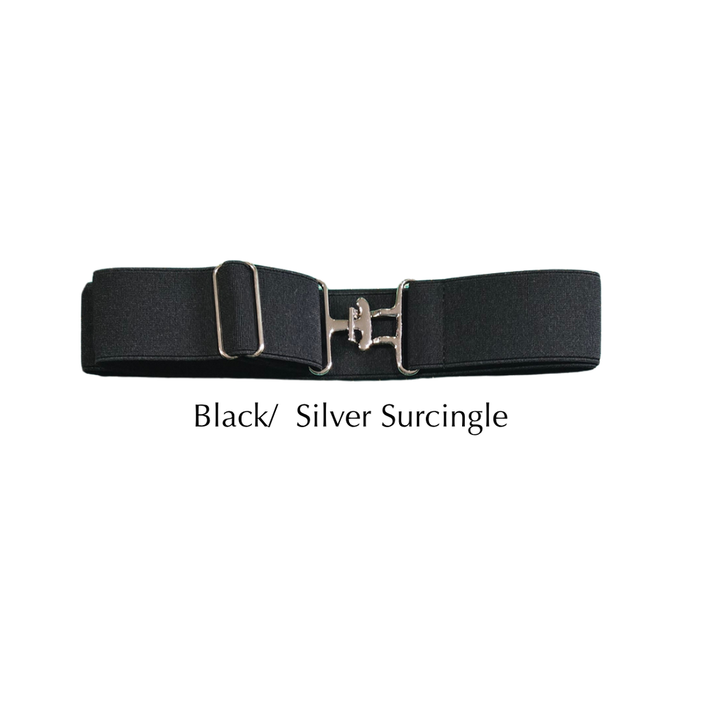 A black wide elastic belt with a silver-toned metal buckle, shown on a plain white background with the text 'Black/ Silver Surcingle' underneath.