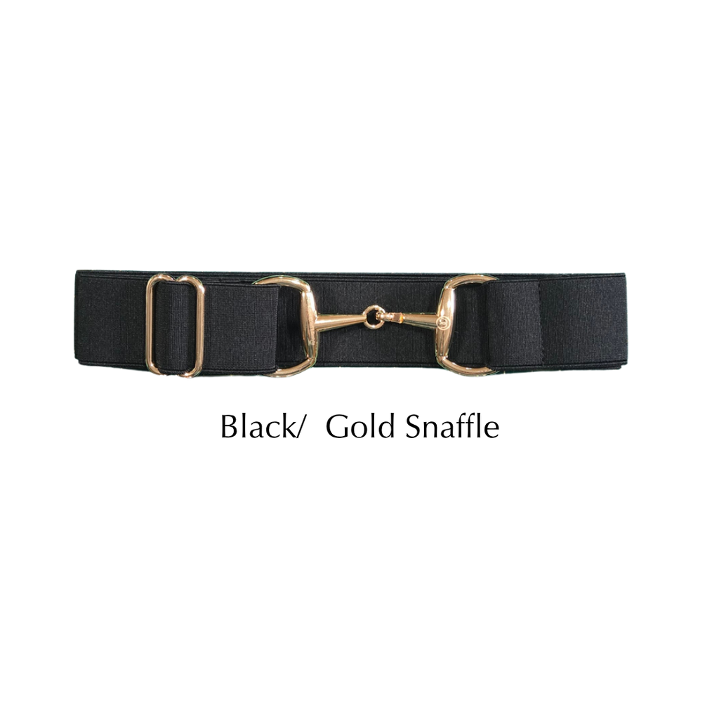 A black horse belt with a gold-tone snaffle hardware buckle, displayed on a clean white background with the text 'Black/ Gold Snaffle' underneath.