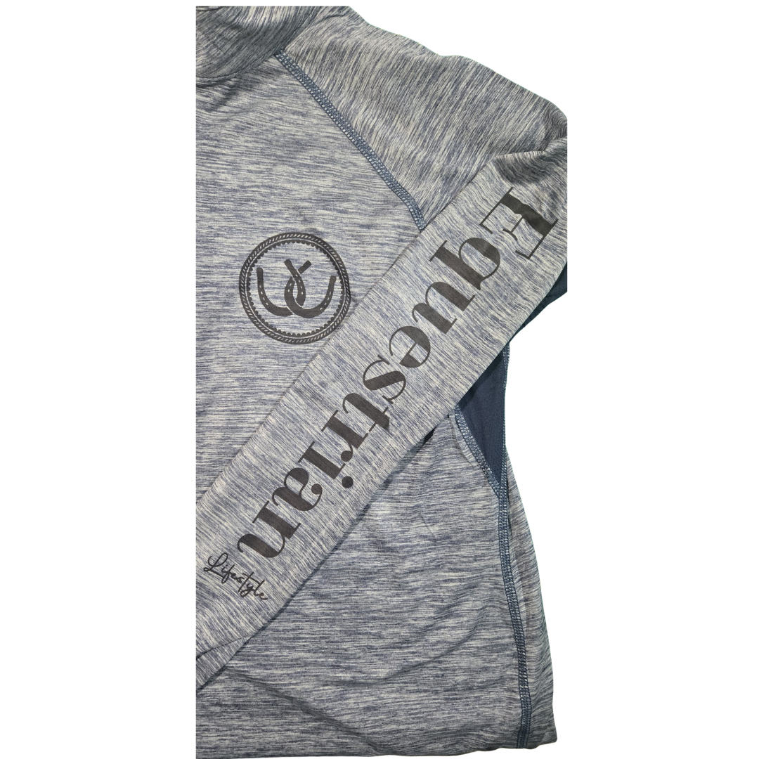 A close-up of a heather gray athletic long-sleeve shirt with a diagonal dark gray 'Equestrian' text overlay and a circular horseshoe logo on the chest, set against a plain white background.
