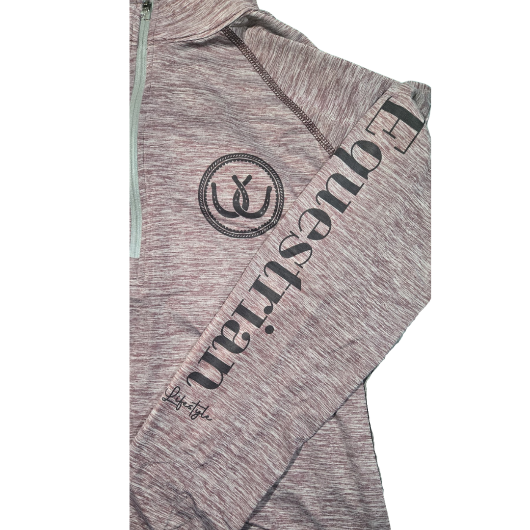 Close-up of a heathered gray and mauve zip-up hoodie with a black circular logo on the chest and 'Equestrian Lifestyle' text printed diagonally on the sleeve, shown against a plain white background.