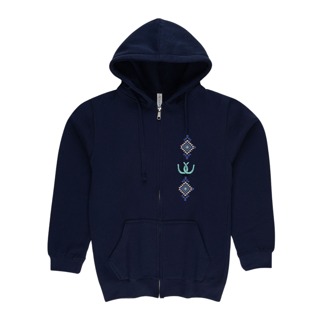 A navy blue zip-up hoodie with a drawstring hood and kangaroo pocket, featuring a vertical graphic print on the left chest with three stacked diamond and aztec and horseshoe motifs in light blue, purple, and white.