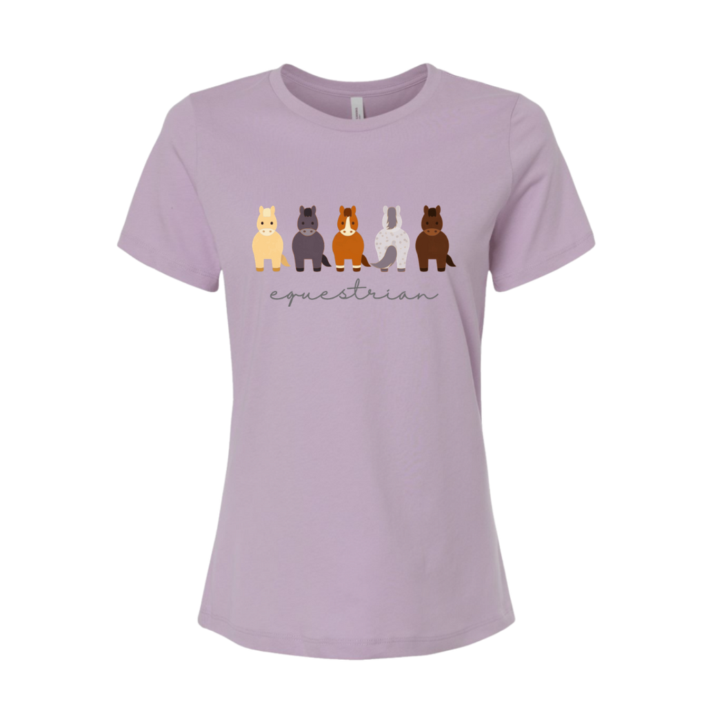 A women's short-sleeve t-shirt in light lavender purple, featuring a graphic of five different horse breeds and the word 'equestrian' printed on the chest.
