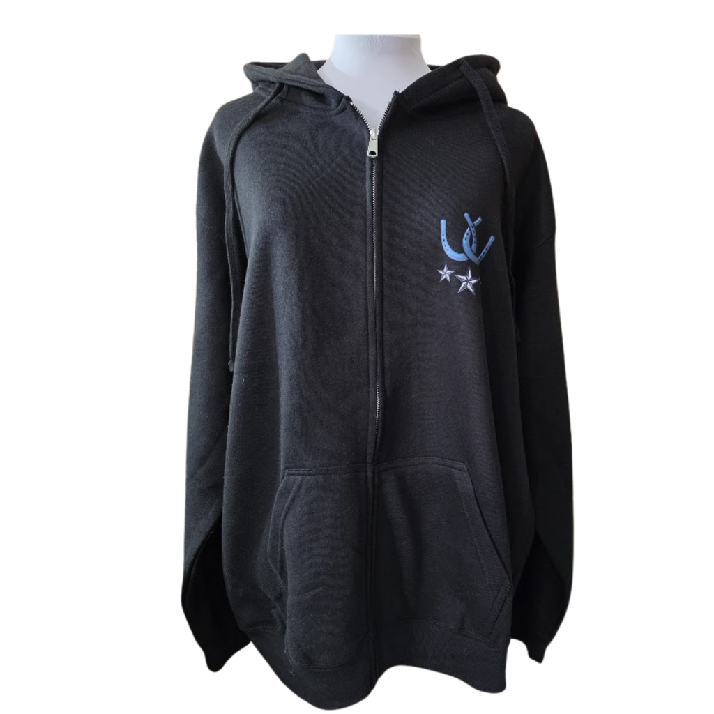 A black zip-up hoodie with a textured knit pattern, featuring a bluehorseshoes and white stars graphic on the left chest, displayed on a mannequin torso against a white background.