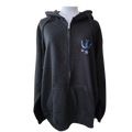 A black zip-up hoodie with a textured knit pattern, featuring a bluehorseshoes and white stars graphic on the left chest, displayed on a mannequin torso against a white background.