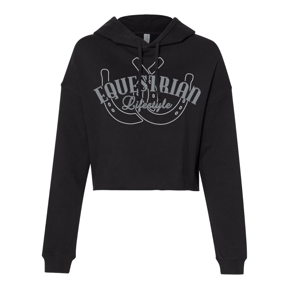 A black cropped hoodie with a gray graphic on the chest featuring  horseshoes with the text 'EQUESTRIAN Lifestyle'.