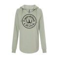 A sage green long-sleeve hoodie with a black circular graphic on the chest reading 'Equestrian Lifestyle' around a horsehoe icon, shown against a plain white background.