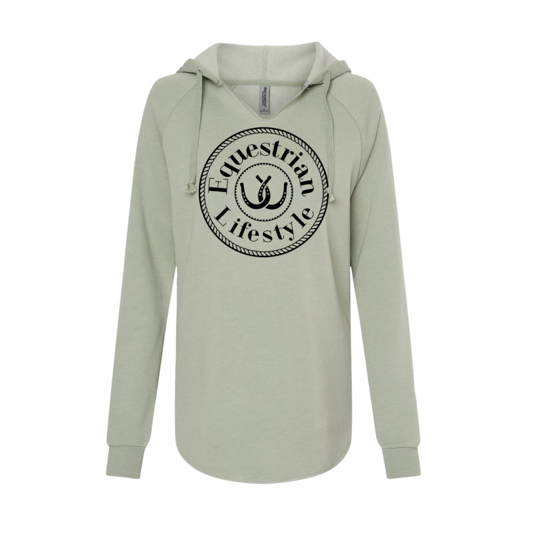 A sage green long-sleeve hoodie with a black circular graphic on the chest reading 'Equestrian Lifestyle' around a horsehoe icon, shown against a plain white background.