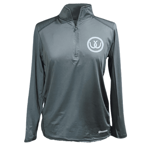 A dark gray long-sleeve quarter-zip athletic pullover with a white circular horseshoe logo on the left chest, displayed on a clean white background.