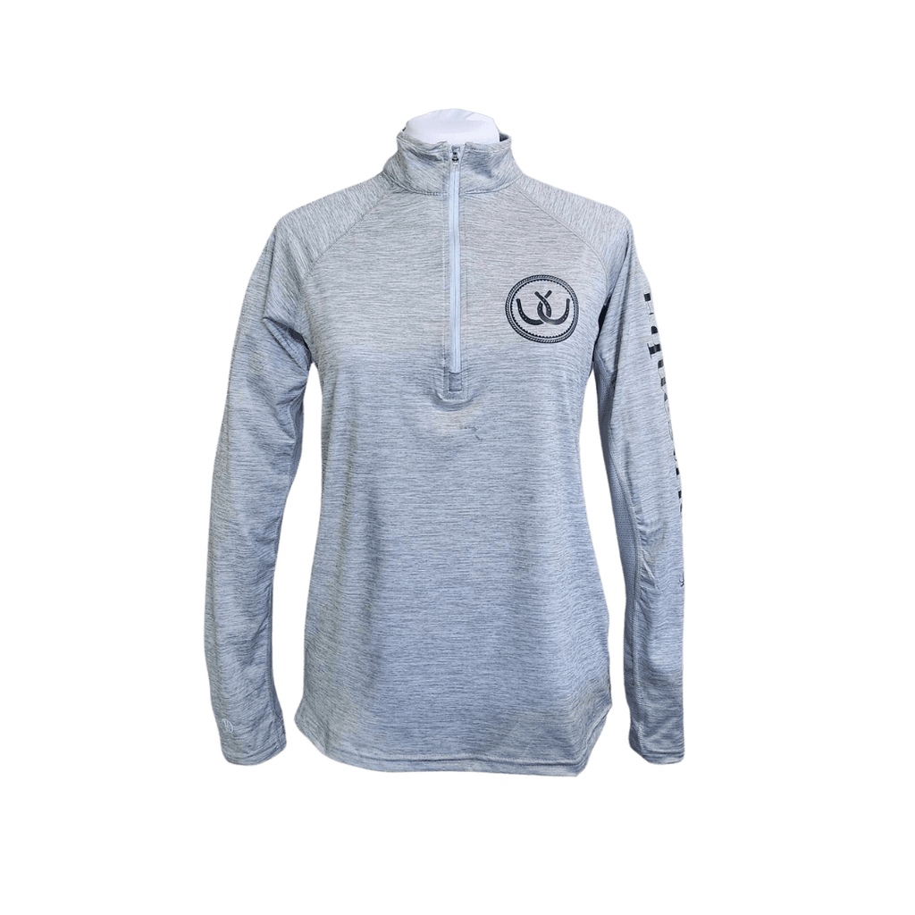 A women's heather gray long-sleeve quarter-zip pullover with a circular  hrseshoe logo on the left chest and a vertical logo print on the right sleeve, shown on a white background.