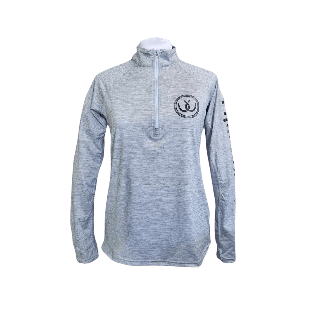 A women's heather gray long-sleeve quarter-zip pullover with a circular  hrseshoe logo on the left chest and a vertical logo print on the right sleeve, shown on a white background.