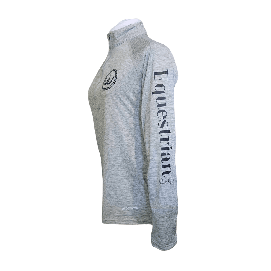 A light heather gray long-sleeve quarter-zip athletic shirt shown from the side profile. The shirt features a circular logo on the left chest and the word 'Equestrian' printed vertically in dark gray on the right sleeve.