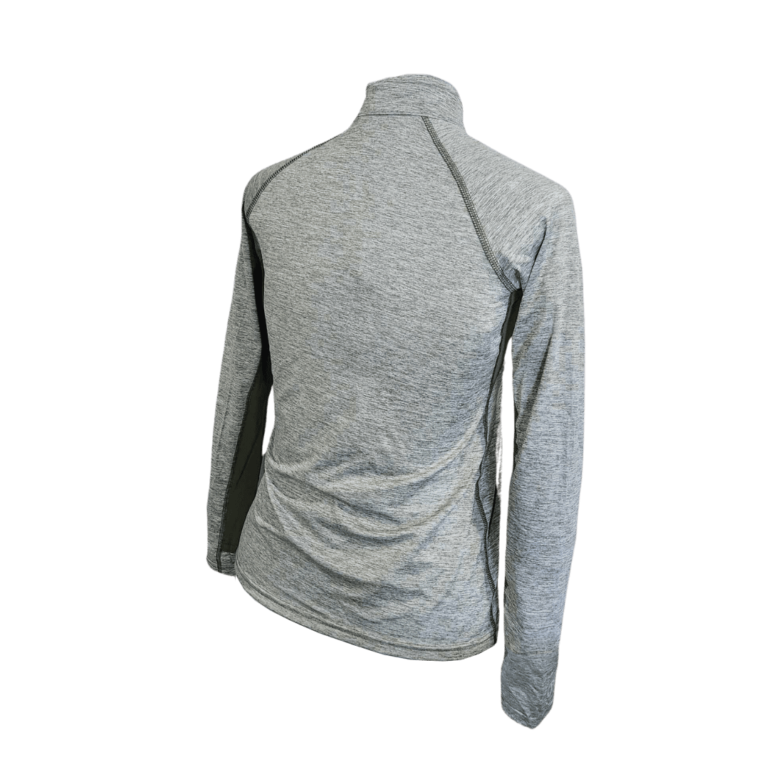 A heather gray long-sleeve athletic top shown from the back, featuring dark gray side panels and a high mock neck collar, isolated on a white background.