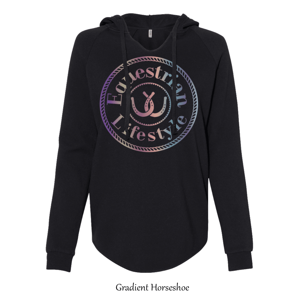 A black long-sleeve hoodie with a large circular graphic on the chest reading 'Equestrian Lifestyle' in a gradient color scheme, shown against a plain white background with the text 'Gradient Horseshoe' below.