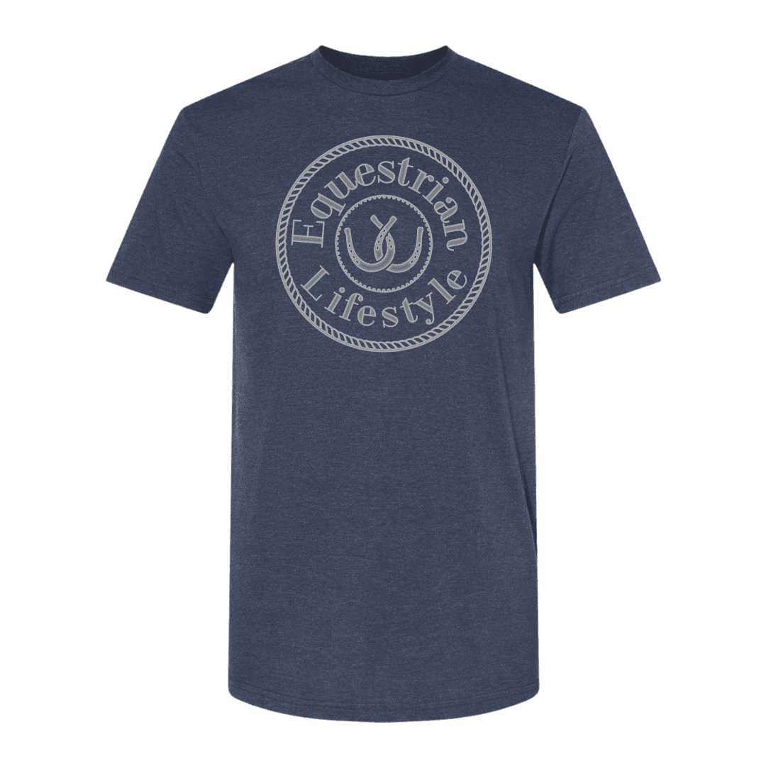 A heather navy blue short-sleeve t-shirt with a circular white graphic on the chest reading 'Equestrian Lifestyle' around a horseshoe symbol, shown on a plain white background.