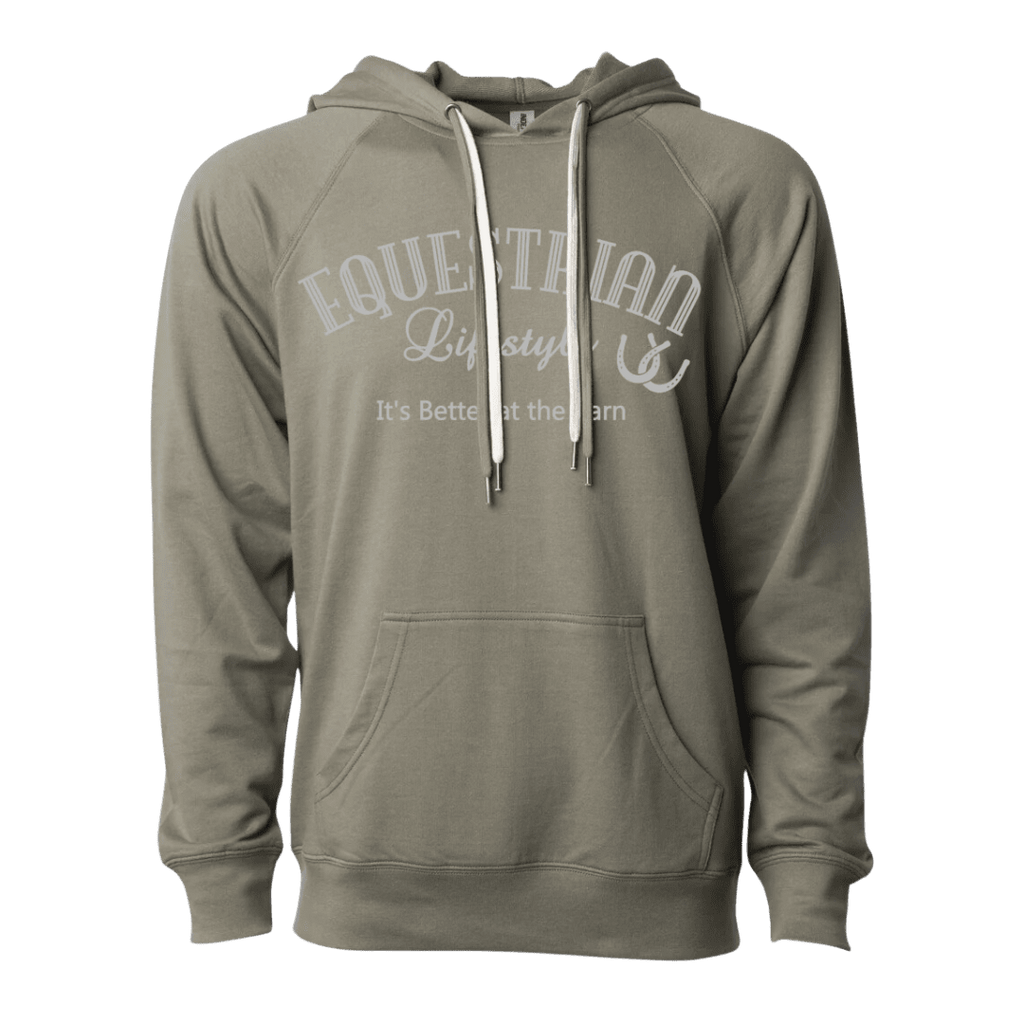 An olive green pullover hoodie with white drawstrings and a white graphic print on the chest that reads 'EQUESTRIAN Lifestyle It's Better at the Barn' with a horsehoe symbol.