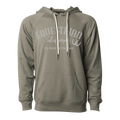 An olive green pullover hoodie with white drawstrings and a white graphic print on the chest that reads 'EQUESTRIAN Lifestyle It's Better at the Barn' with a horsehoe symbol.