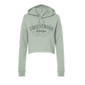 A light sage green cropped hoodie sweatshirt with a dark gray graphic on the chest reading 'EQUESTRIAN Lifestyle' over horseshoes, shown on a plain white background.
