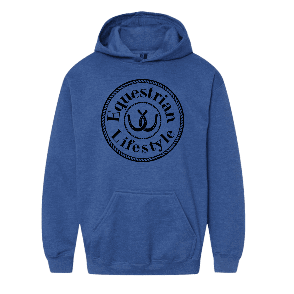 A heather blue pullover hoodie with a black circular graphic on the chest reading 'Equestrian Lifestyle' around a horseshoe symbol, shown on a plain white background.