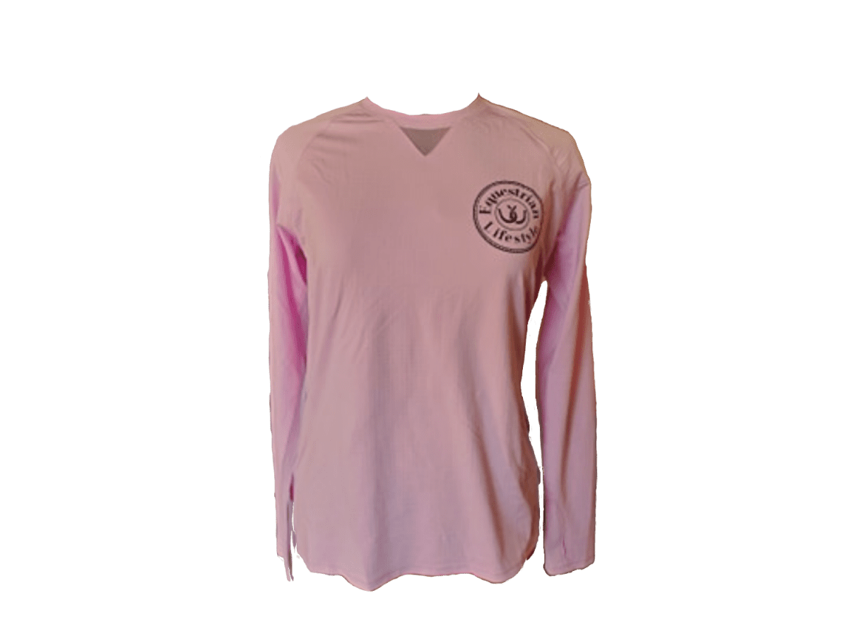 A light pink long-sleeve V-neck shirt with a circular dark logo on the left chest, displayed on a plain white background.