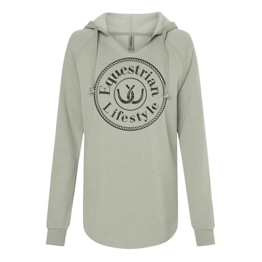 A light sage green pullover hoodie with a black circular graphic on the chest that reads 'Equestrian Lifestyle' around a horseshoe illustration. The hoodie features long raglan sleeves, a high hood, and ribbed cuffs and hem, shown against a plain white background.