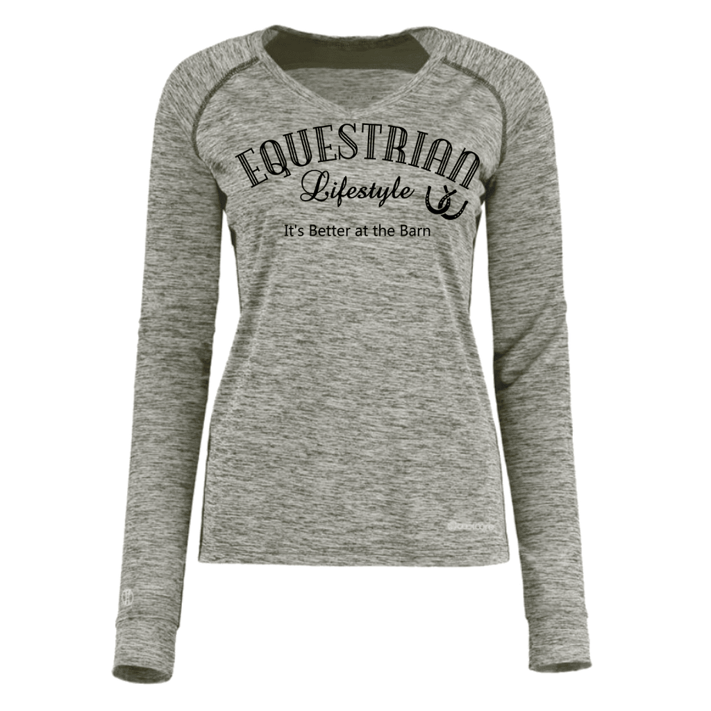 A women's long-sleeve heather gray athletic shirt with 'EQUESTRIAN Lifestyle' and 'It's Better at the Barn' printed in black on the front, shown on a plain white background.