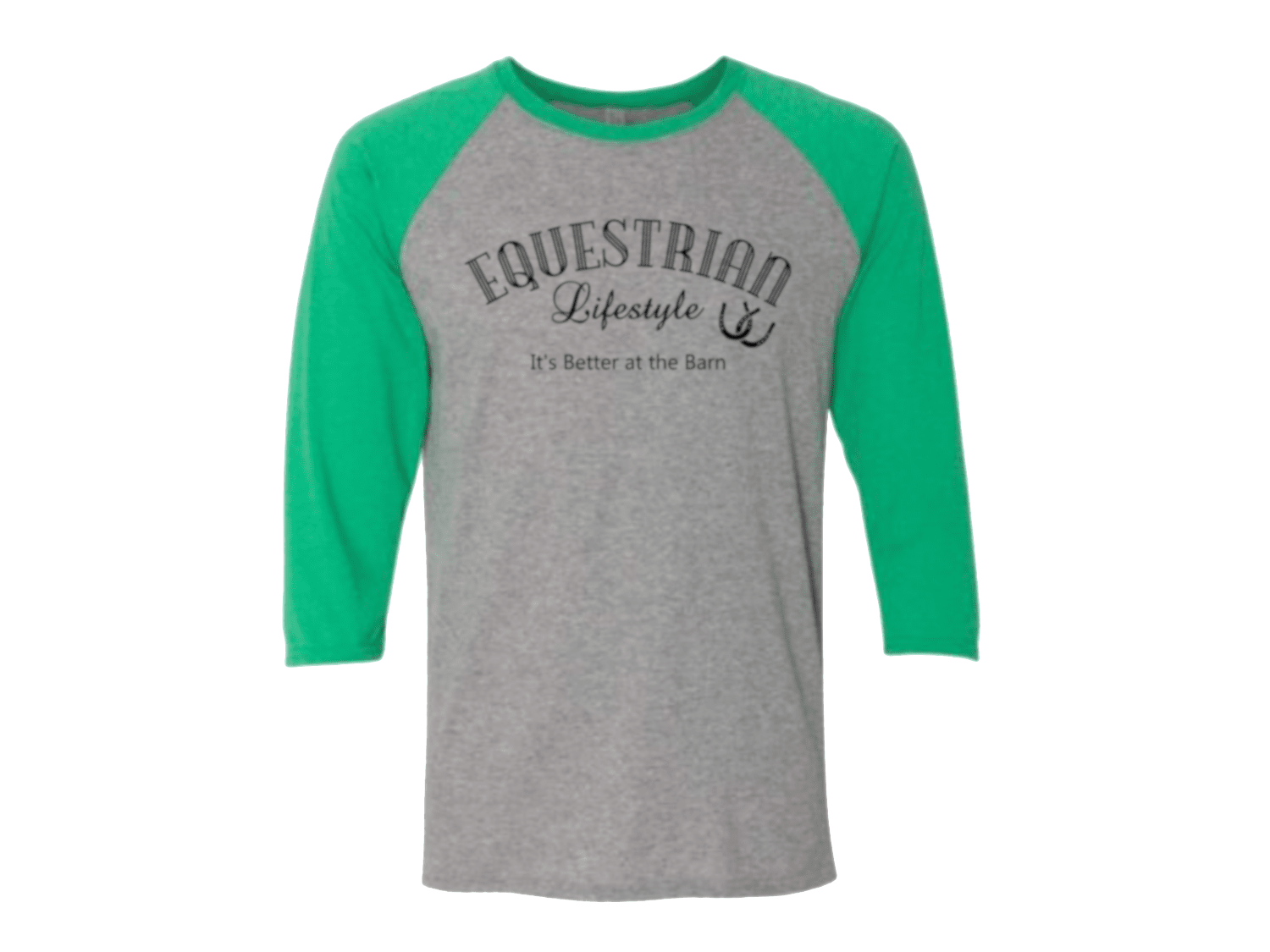 A 3/4 sleeve raglan baseball t-shirt with a heather gray body and bright green sleeves. The front features a black graphic print that reads 'EQUESTRIAN Lifestyle It's Better at the Barn' with a horseshoe symbol.
