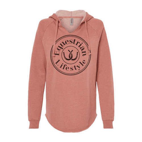 A dusty rose pink long-sleeve hoodie with a large black circular graphic on the chest that reads 'Equestrian Lifestyle' around a horseshoe symbol. The hoodie features a relaxed fit, raglan sleeves, and a drawstring hood, shown against a plain white background.