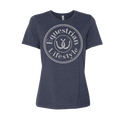 A women's heather navy blue t-shirt with a distressed white circular graphic on the chest that reads 'Equestrian Lifestyle' around a horseshoe illustration.