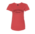 A heather red short-sleeve t-shirt with a dark red graphic on the chest reading 'EQUESTRIAN Lifestyle' over a horseshoe  design, shown on a plain white background.