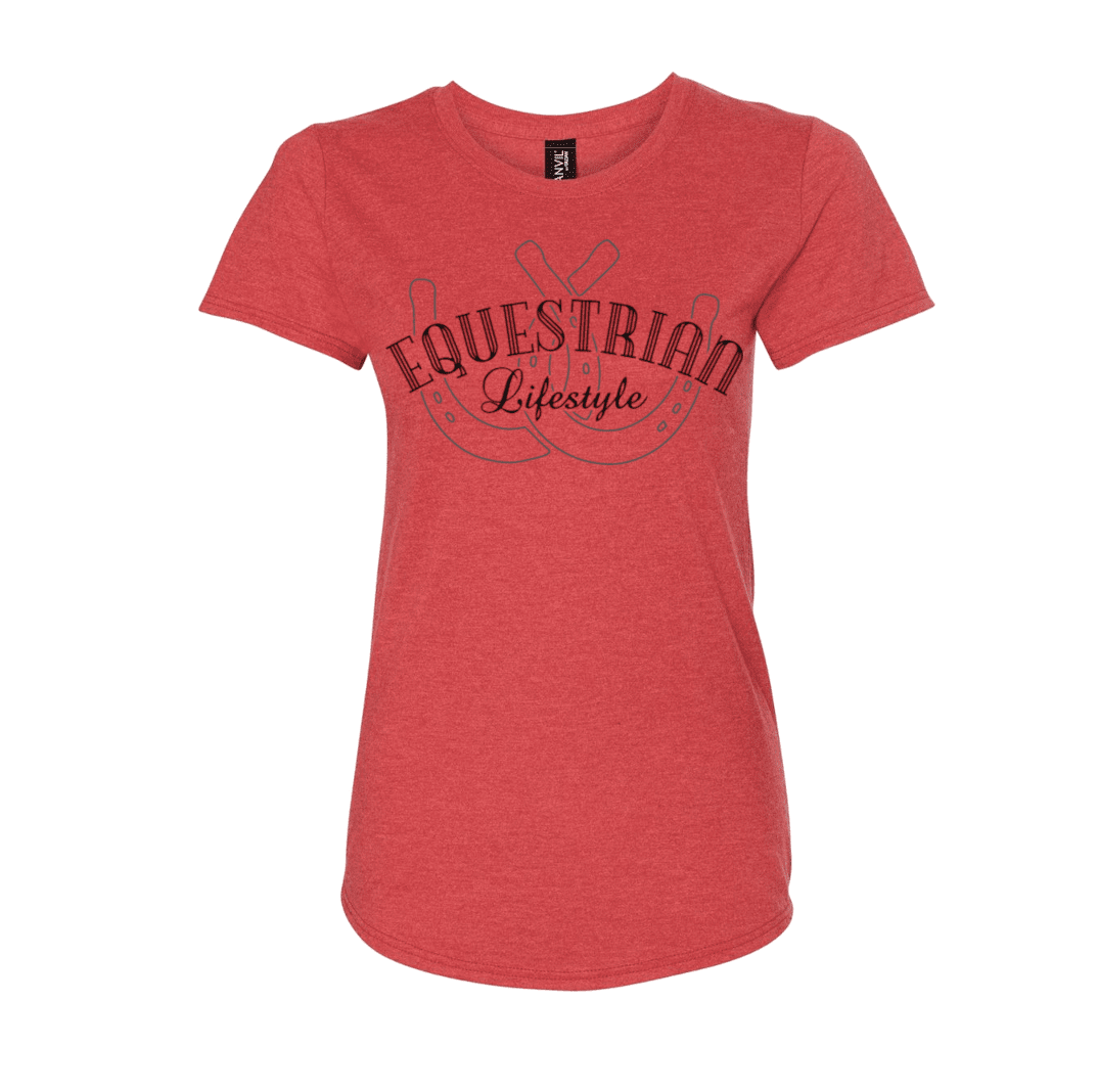A heather red short-sleeve t-shirt with a dark red graphic on the chest reading 'EQUESTRIAN Lifestyle' over a horseshoe  design, shown on a plain white background.
