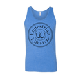 A heather blue tank top featuring a circular black graphic on the chest that reads 'Equestrian Lifestyle' with a horseshoe in the center, shown against a plain white background.