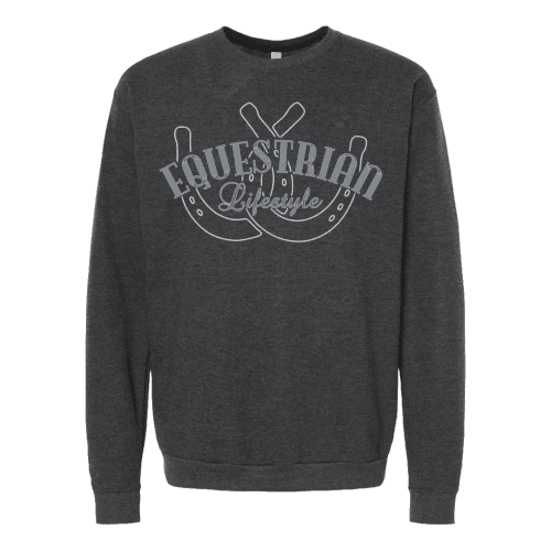 Equestrian Lifestyle Crewneck Sweatshirt – Jet Black Heather Slate Blue Horseshoe Phrase