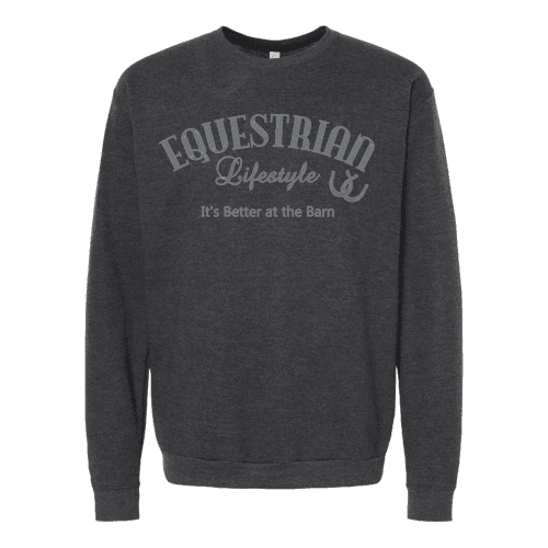 Equestrian Lifestyle Crewneck Sweatshirt – Jet Black Heather with Steel Blue Phrase