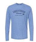 A heather blue long-sleeve t-shirt with a dark navy graphic on the chest that reads 'EQUESTRIAN Lifestyle It's Better at the Barn' with a horseshoe symbol, shown on a plain white background.