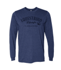A heathered navy blue long-sleeve t-shirt with a black graphic print on the chest reading 'EQUESTRIAN Lifestyle & It's Better at the Barn'.