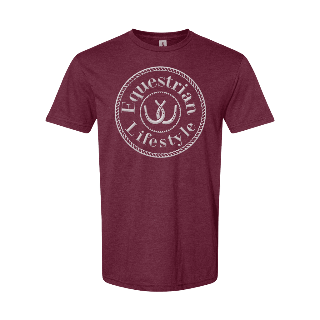 A heather maroon short-sleeve crewneck t-shirt featuring a distressed white circular graphic on the chest that reads 'Equestrian Lifestyle' with a horseshoe icon in the center.
