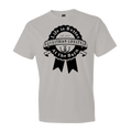 A light gray short-sleeve crewneck t-shirt featuring a black circular graphic on the chest that reads 'Life is Better Equestrian Lifestyle At the Barn' with a horseshoe and ribbon design.