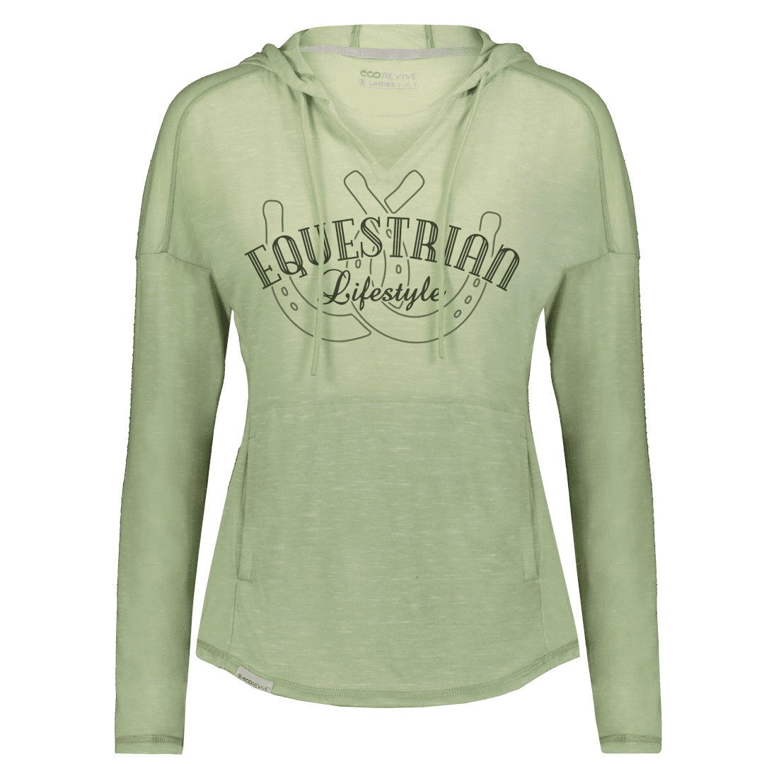 A sage green long-sleeve hoodie with a drawstring hood and a front kangaroo pocket, featuring a dark green graphic on the chest that reads 'EQUESTRIAN Lifestyle' with a horseshoe design.