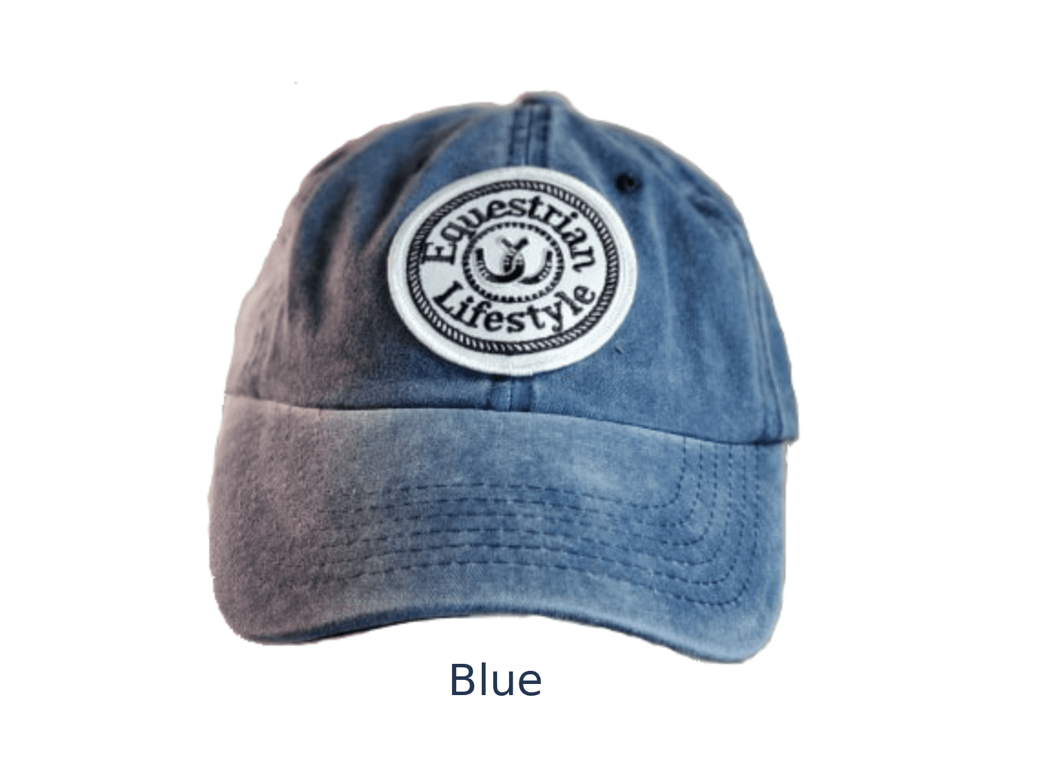 A blue washed cotton baseball cap with a circular white and black embroidered patch reading 'Equestrian Lifestyle' on the front, shown against a plain white background with the word 'Blue' below.
