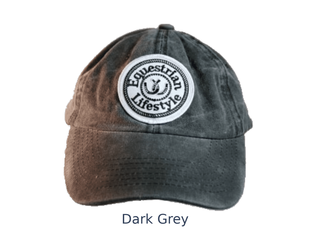 A dark grey washed cotton baseball cap with a circular embroidered patch reading 'Equestrian Lifestyle' on the front, shown against a plain white background with the text 'Dark Grey' below.