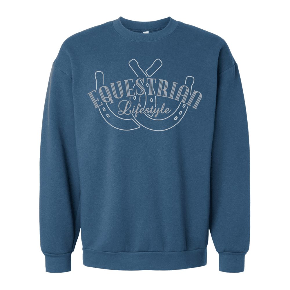 A blue crewneck sweatshirt with a white graphic on the chest featuring  two horseshoes with the text 'EQUESTRIAN Lifestyle'.